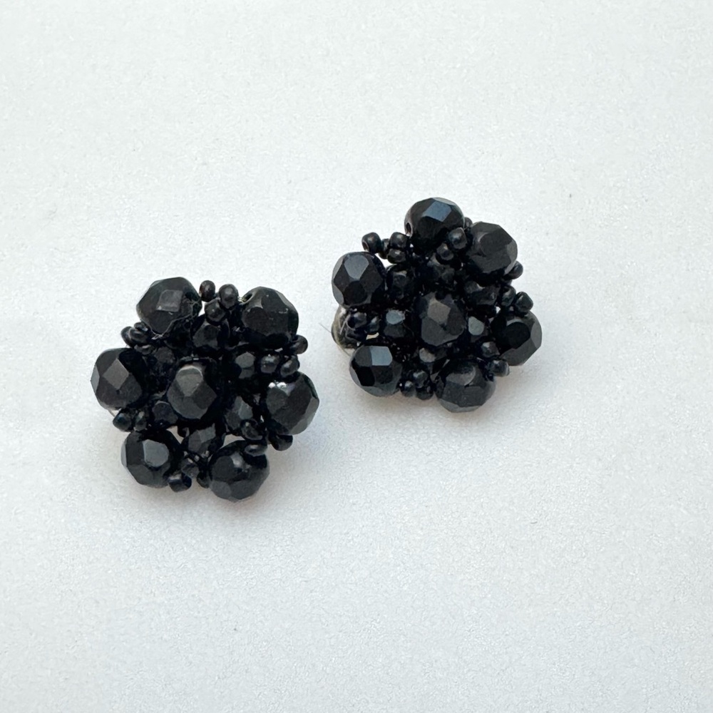 Black Beaded Clip On Earrings Cluster
